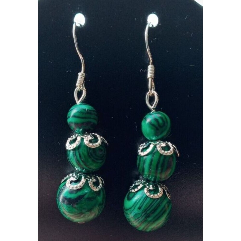 Natural Malachite Silver Dangle Pierced Earrings Beautiful Stones New